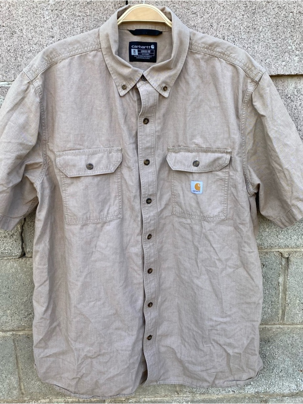 Carhartt Mens XL Tall Loose Fit Short Sleeve Button Down Shirt Tan Work Utility